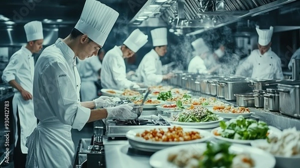 Obraz Industrial kitchen with chefs preparing multiple dishes, representing the fast-paced environment of the food industry.