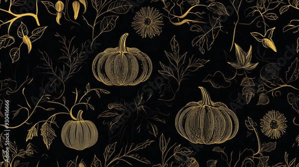 Obraz harvest Seamless pattern background with simple pumpkins on a black background. 