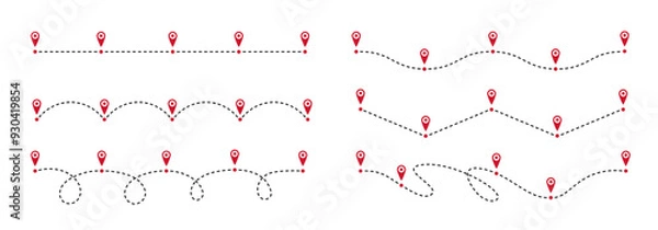 Obraz Roadmap path. Timeline dashed line, way route chart and road steps with pin points for customer journey business infographic design. Success process diagram vector set. Pathway and options for report.