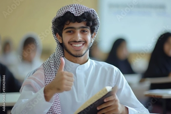 Fototapeta Smiling Arab Student Giving Thumbs Up While Holding a Book in a Classroom