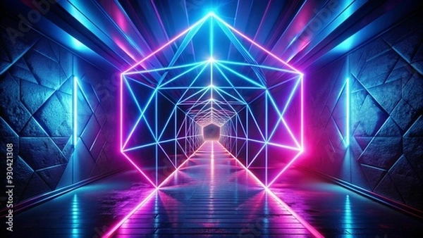 Fototapeta Glowing geometric figure in neon light against a dark tunnel backdrop with laser glow