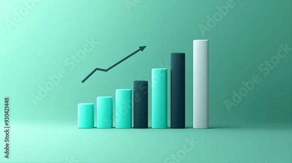 Obraz Minimalistic 3D Bar Chart with Blue, White, and Green Color Scheme Featuring Smooth Arrows and Trend Lines on a Solid Background. Cute and Detailed C4D Clay Render, Perfect for Data Visualization Bann