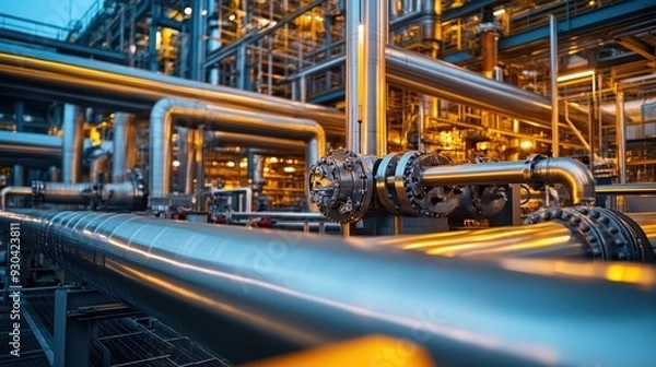 Fototapeta Piping system with heat exchangers in a power plant, showcasing the role of pipes in thermal management.