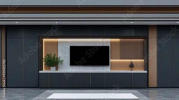 Obraz A sleek black TV cabinet supports a large flat-screen TV in a minimalist living room adorned with grey marble floors and a white carpet, highlighting elegance and simplicity