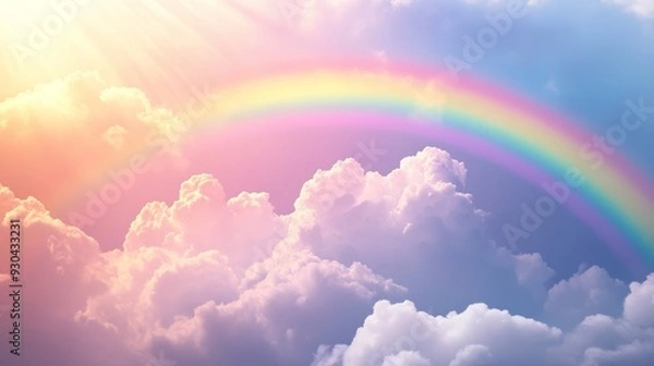 Obraz Rainbow above fluffy clouds with sunlight, serene