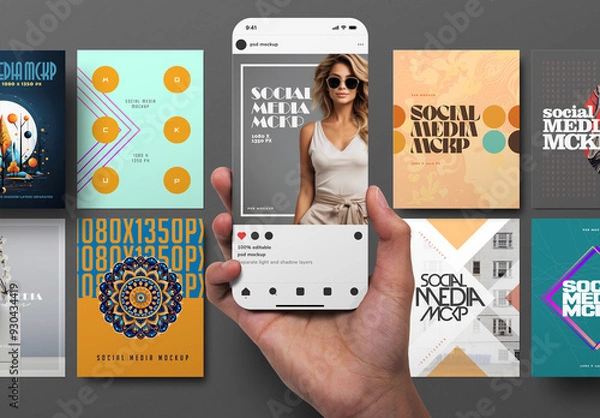 Fototapeta Hand Holding App UI UX Screen Mockup Social Media Post 1080 x 1350-px