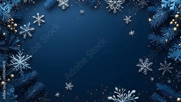 Obraz Dark blue background with falling snowflakes and stars, perfect for a Christmas banner, poster, or greeting card template. Flat vector illustration for a winter holiday design.