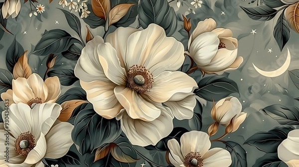 Fototapeta Bohemian seamless wallpaper featuring ethereal celestial garden elements like moonflowers, jasmine, stars, and crescent moons, hand-drawn in vintage style, soft, glowing colors, intricate details,