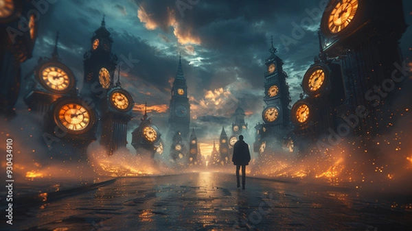 Obraz A mysterious figure standing in a vast, empty landscape dotted with towering clocks, each showing different times