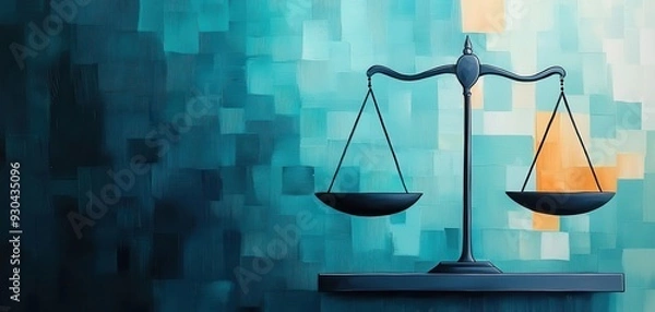 Fototapeta A modern depiction of a balanced scale symbolizing justice, set against an abstract colorful background.