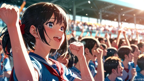 Fototapeta A lively anime scene of a high school sports festival, with students cheering and participating in various events, highlighting the excitement and energy of youth.