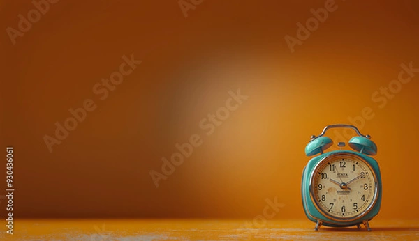 Fototapeta A retro-style blue and white alarm clock standing against a vibrant orange background, with a focus on clean lines and minimalist design