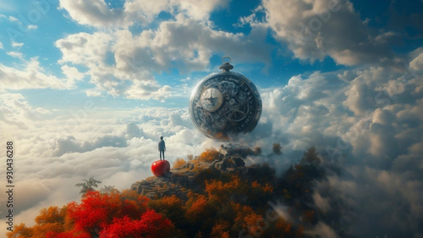 Fototapeta A small figure standing on top of a floating apple in a surreal landscape, gazing up at a colossal, ancient pocket watch suspended in the sky