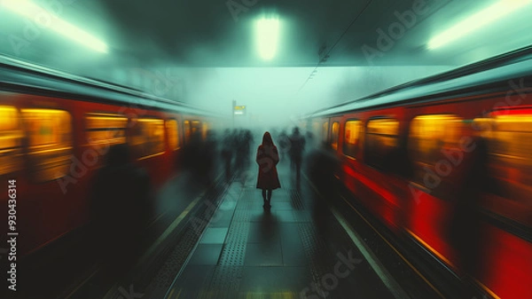 Fototapeta A solitary individual standing still on a crowded train platform during rush hour, with blurred figures of commuters rushing past on either side