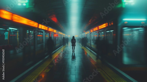 Fototapeta A solitary individual standing still on a crowded train platform during rush hour, with blurred figures of commuters rushing past on either side