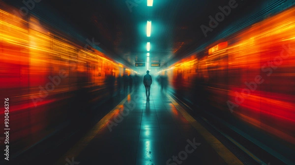 Fototapeta A solitary individual standing still on a crowded train platform during rush hour, with blurred figures of commuters rushing past on either side
