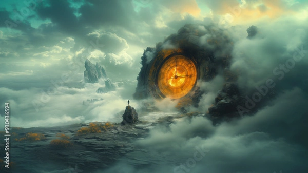 Fototapeta A tiny person standing on a giant, surreal fruit in a dreamlike environment, staring at a massive, golden clock partially embedded in the clouds