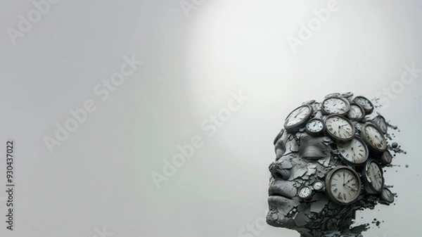 Fototapeta An artistic depiction of a head constructed from numerous clocks, with a few clocks detaching and floating away, illustrating the complexity of time perception and mental processes