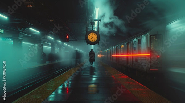 Fototapeta On a dimly lit train platform at midnight, a man in a dark trench coat stands alone under an antique overhead clock