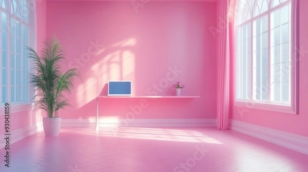 Fototapeta Ballet studio, laptop computer with remote work project, ballet shoes and practice bar, 3D illustration