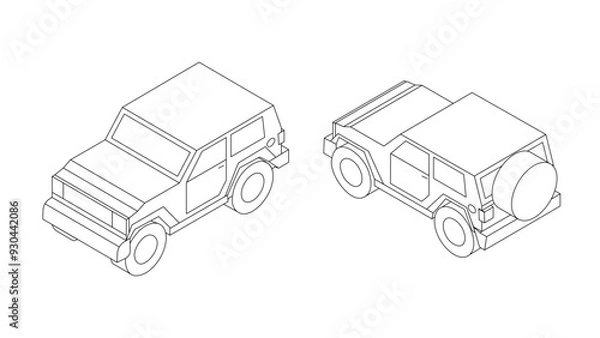Obraz off-road car isometric coloring contour isolated vector set