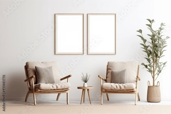 Fototapeta Minimalistic living room with two cushioned armchairs, a small wooden table with a plant, a large potted plant, and two blank picture frames on the wall