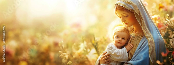 Fototapeta portrait of a Virgin Mary and baby Jesus.  Abstract light background, with copy space for text. For christmas, easter, banner, design, Virgin Mary mother of Jesus