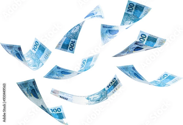 Fototapeta ONE HUNDRED REAL BILL, BRAZILIAN MONEY, FALLING ON A WHITE BACKGROUND, FORTUNE, WEALTH, LOTTERY, PRIZE IN 100 BANKNOTES