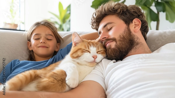 Fototapeta Father and daughter peacefully nap on a couch with their sleeping cat, creating a serene and cozy moment of relaxation at home