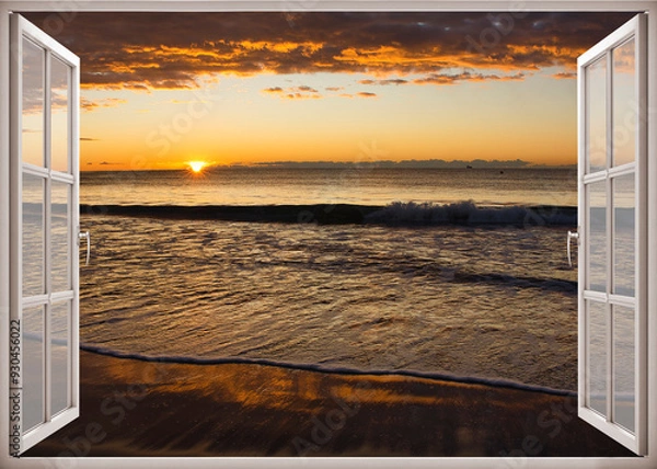 Fototapeta Open window | Window view | Sunset at the sea | Beach sunrise | Landscape | Nature | Calm