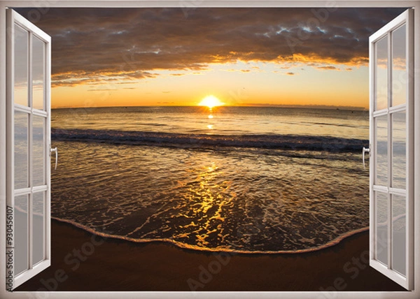 Fototapeta Open window | Window view | Sunset at the sea | Beach sunrise | Landscape | Nature | Calm