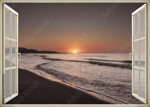 Fototapeta Open window | Window view | Sunset at the sea | Beach sunrise | Landscape | Nature | Calm