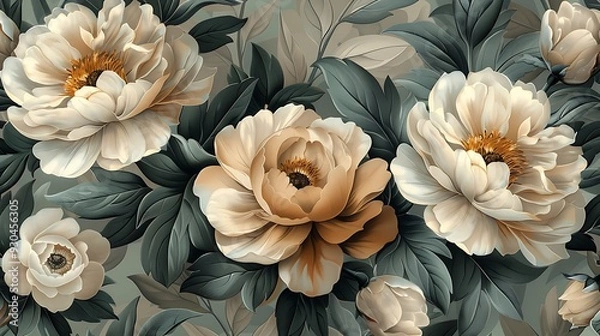 Fototapeta Vintage-inspired seamless wallpaper design featuring intricate illustrations of peonies, roses, and dahlias, set against a soft, pastel pink background, hand-drawn details, natural light,