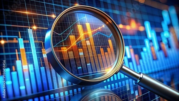 Fototapeta Magnifying glass zooms in on digital financial charts, glowing data points, high-tech, photorealistic