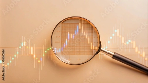 Fototapeta Magnifying glass zooms in on digital financial charts, glowing data points, high-tech, photorealistic