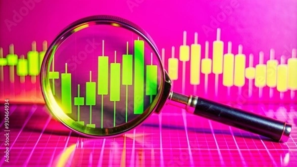 Obraz Magnifying glass zooms in on digital financial charts, glowing data points, high-tech, photorealistic