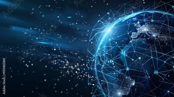 Fototapeta Global Network with Blue Lines Connecting Cities and Continents
