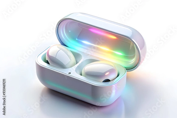 Fototapeta Holographic Glowing Wireless Earbuds Set with Stylish Case on White Surface - Modern Audio Technology Concept in Flat Vector Illustration