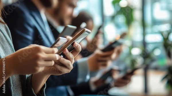 Fototapeta Business professionals using a fintech app on their smartphones.