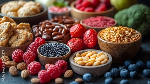 Fototapeta A table filled with diabetes-friendly foods, emphasizing the importance of diet in managing diabetes, high-resolution photorealistic image.
