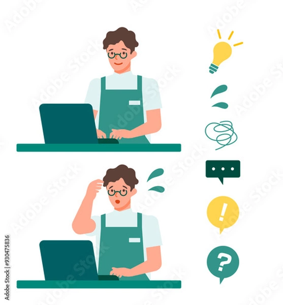Obraz Working man. Concept for Problem Solving. Man cartoon character. People face profiles avatars and icons. Close up image of PC man.