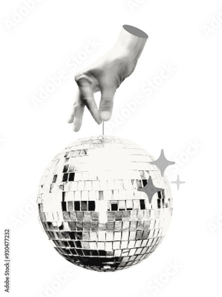 Fototapeta Halftone hand holding disco ball hanging on string collage element. Cut out of a magazine party festive symbol. Trendy modern retro vector illustration isolated on transparent background