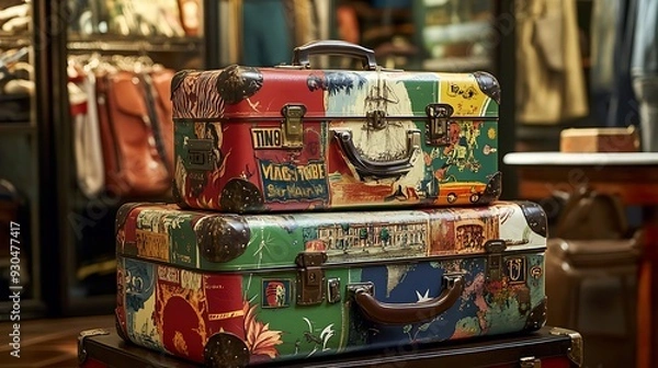 Fototapeta Two Vintage Suitcases with Colorful, Patterned Designs