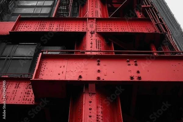 Fototapeta Red Steel Beams and Rivets of a Modern Building