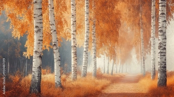 Fototapeta Autumn landscape with birch trees. Ai generation