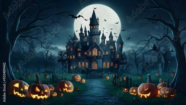 Obraz Insane Halloween palace graveyard scene. Tormenting horrible dream hallowenbackground. Automated craftsmanship painting for book illustration,background foundation,
Halloween Concept.