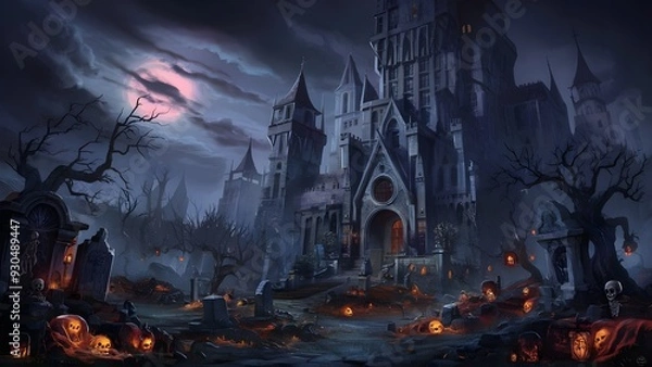 Fototapeta Insane Halloween palace graveyard scene. Tormenting horrible dream hallowenbackground. Automated craftsmanship painting for book illustration,background foundation,
Halloween Concept.