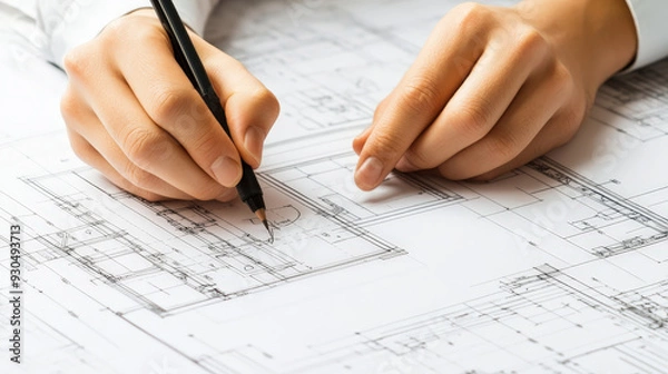 Obraz Hands Drawing Building Plans on Blueprint with Pen