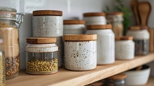 Fototapeta A set of ceramic food containers with airtight lids, keeping dry goods fresh on a kitchen shelf