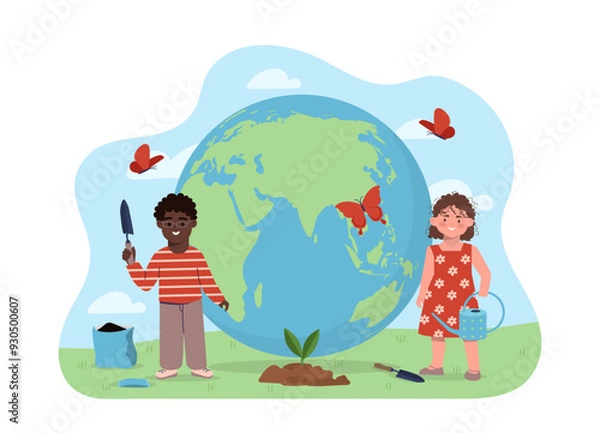 Fototapeta Children save planet. Boy with spatula and girl with watering can near globe. Caring for ecology, nature and environment. Friends planting tree sprout. Flat vector illustration